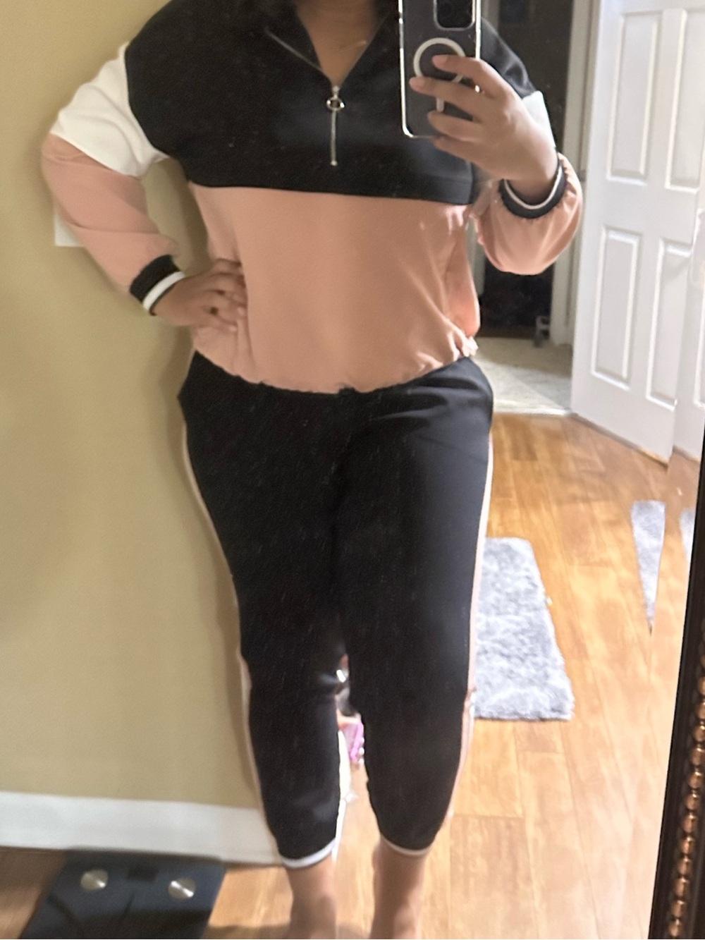 Zara Colorblock Hooded Two Piece Jogger Set in White & Dusty Pink